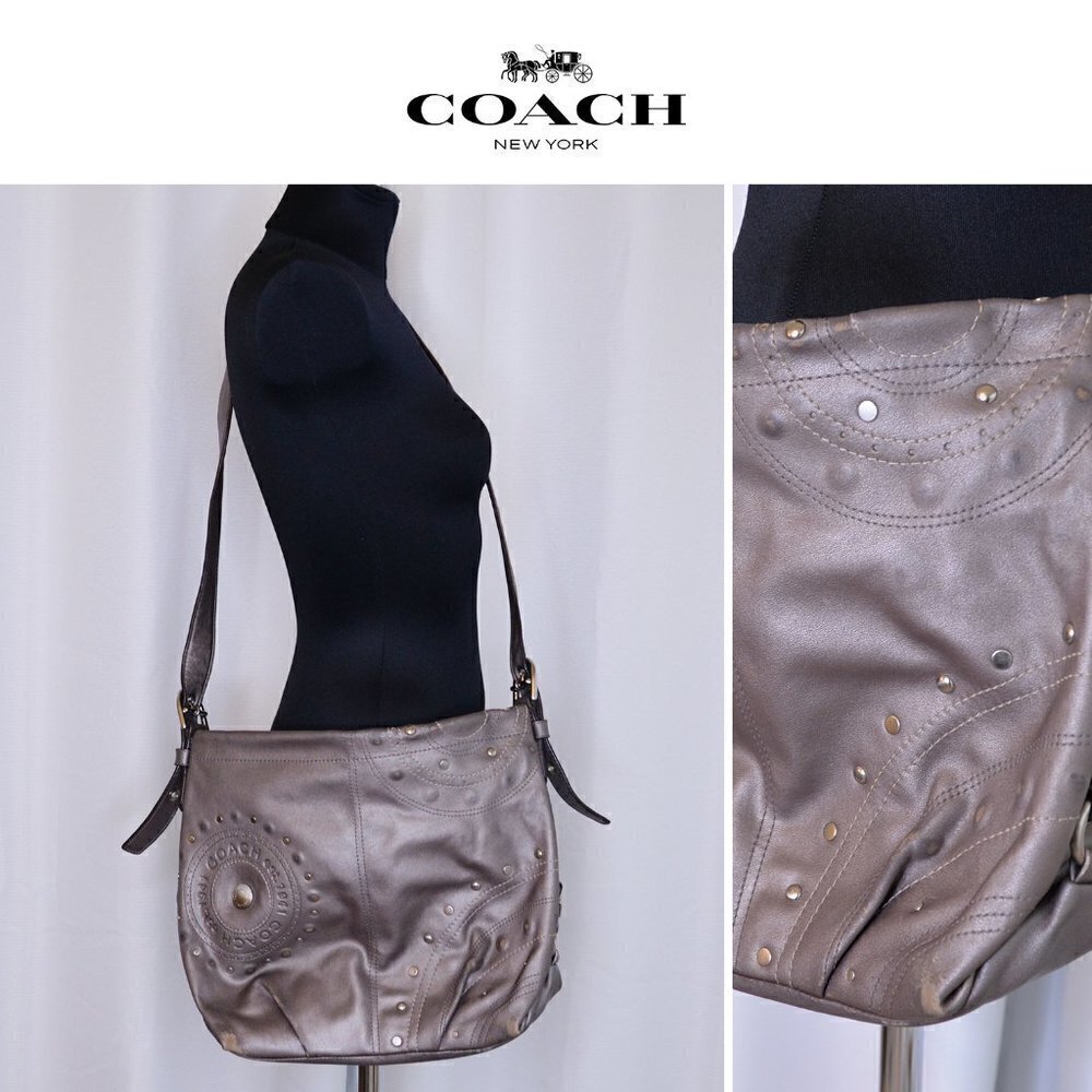 Coach F16178 Gunmetal Metallic Crossbody Leather Slouchy Purse with Studs